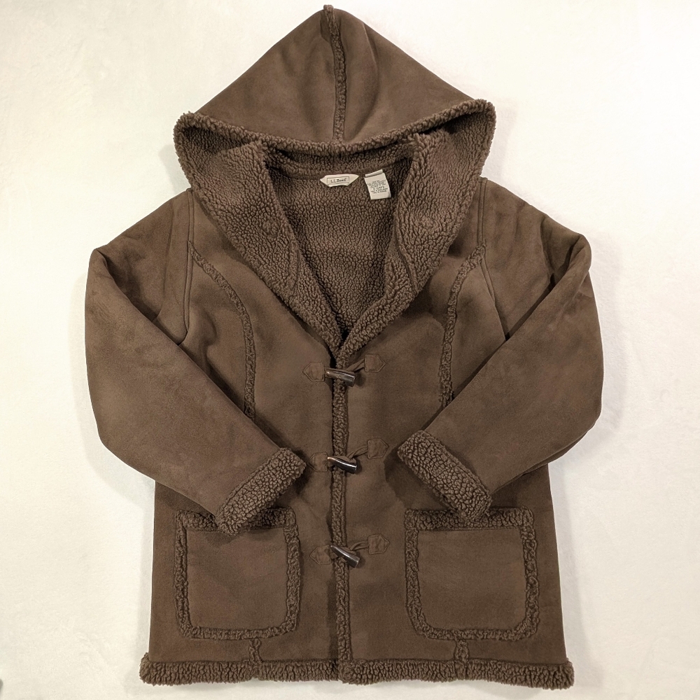 L.L. Bean Women Faux Suede Shearling Sherpa Lined Hooded Toggle Buttons Jacket L